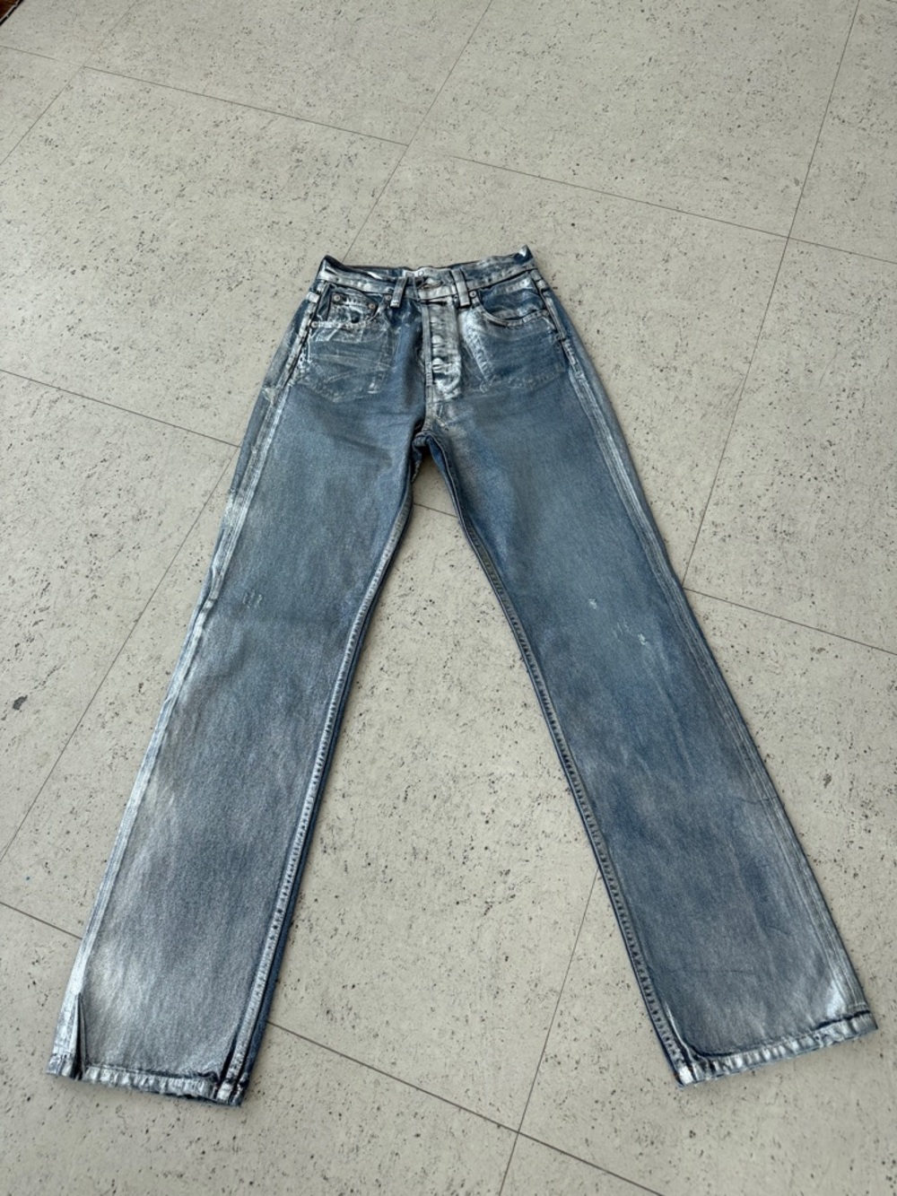 EB Denin Women's Silver Coated Washed Blue Straight-Leg Jeans